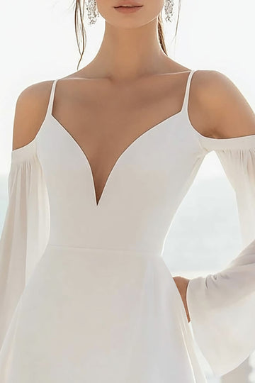 Cold Shoulder Chiffon A Line White Graduation Dress with Long Sleeves